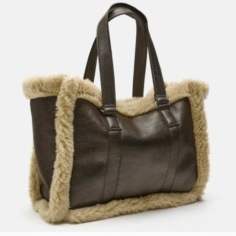 ZARA Fleece Tote Bag Brown Shearling